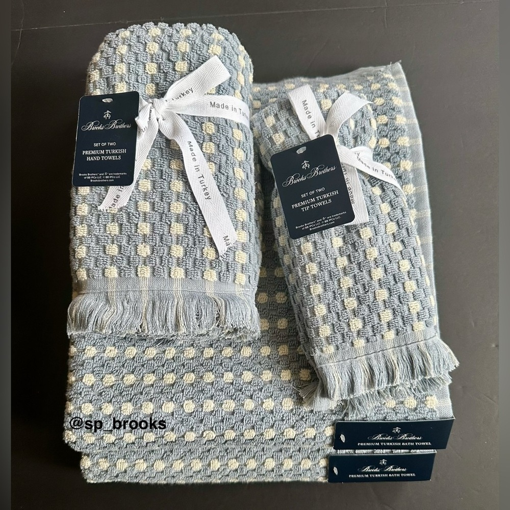 🎁6PC Brooks Brothers Premium Turkish Cotton Bath Towel Set -Waffle Blue & Ivory